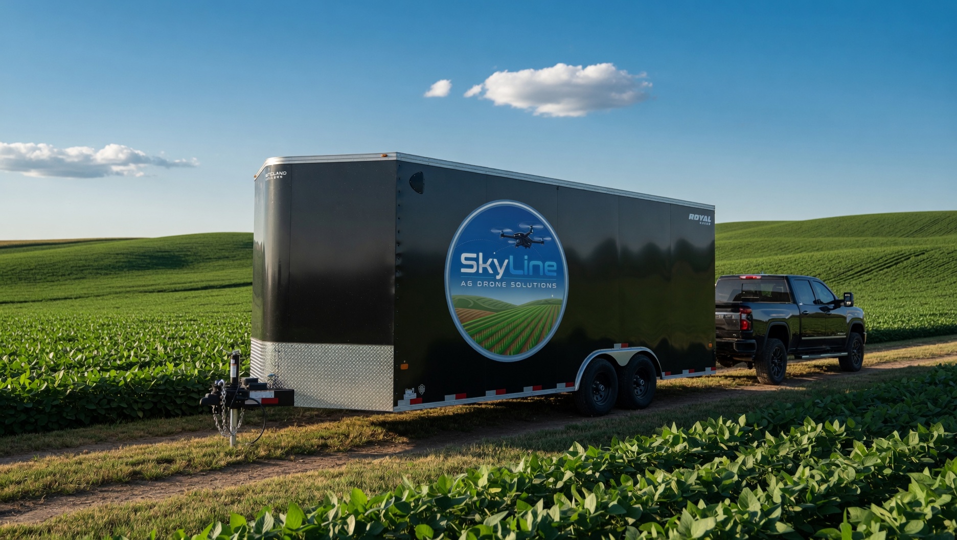 Skyline Ag Drone Solutions mobile spray trailer parked at the edge of a soybean field