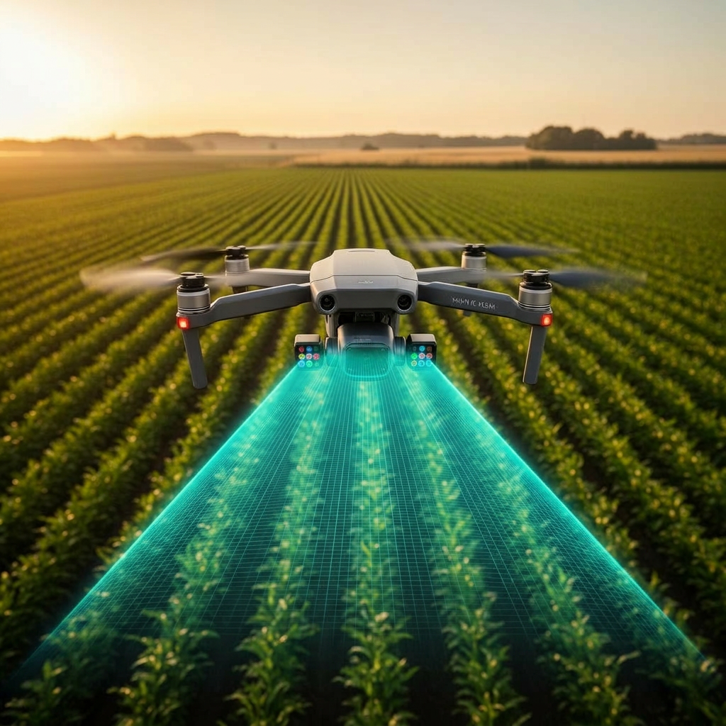 DJI Mavic 3 Multispectral drone scanning a green crop field at golden hour