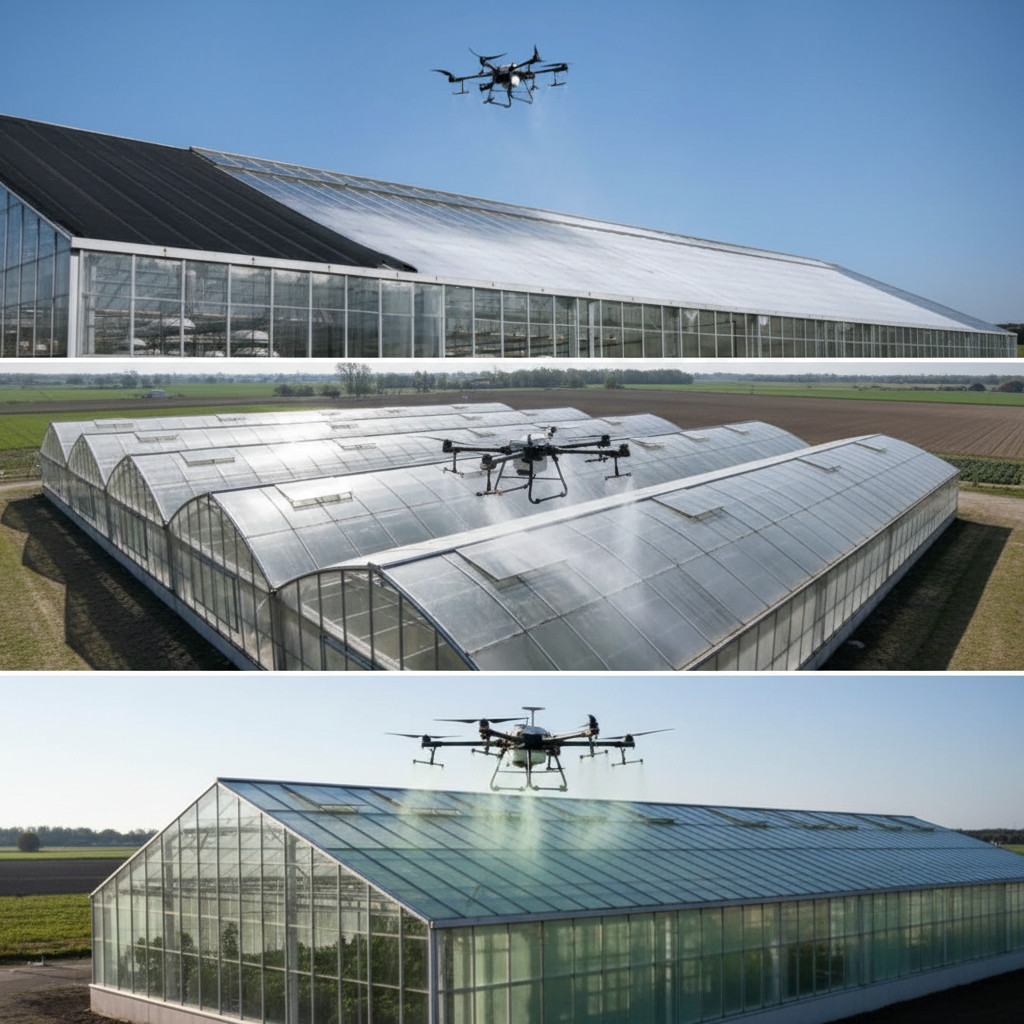 Agricultural drone applying ReduSol shade coating to a commercial glass greenhouse roof