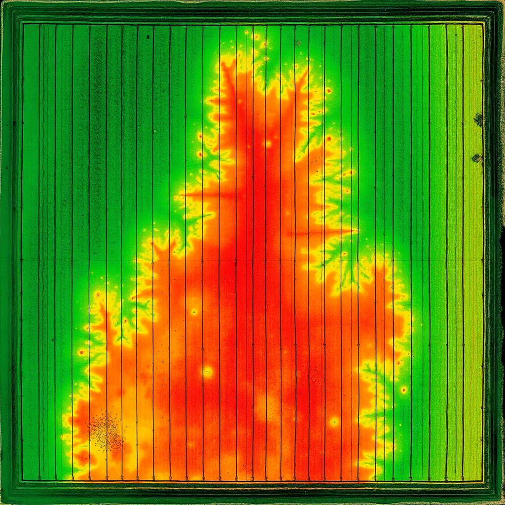 NDVI map showing a healthy field with a central red drought-stress zone