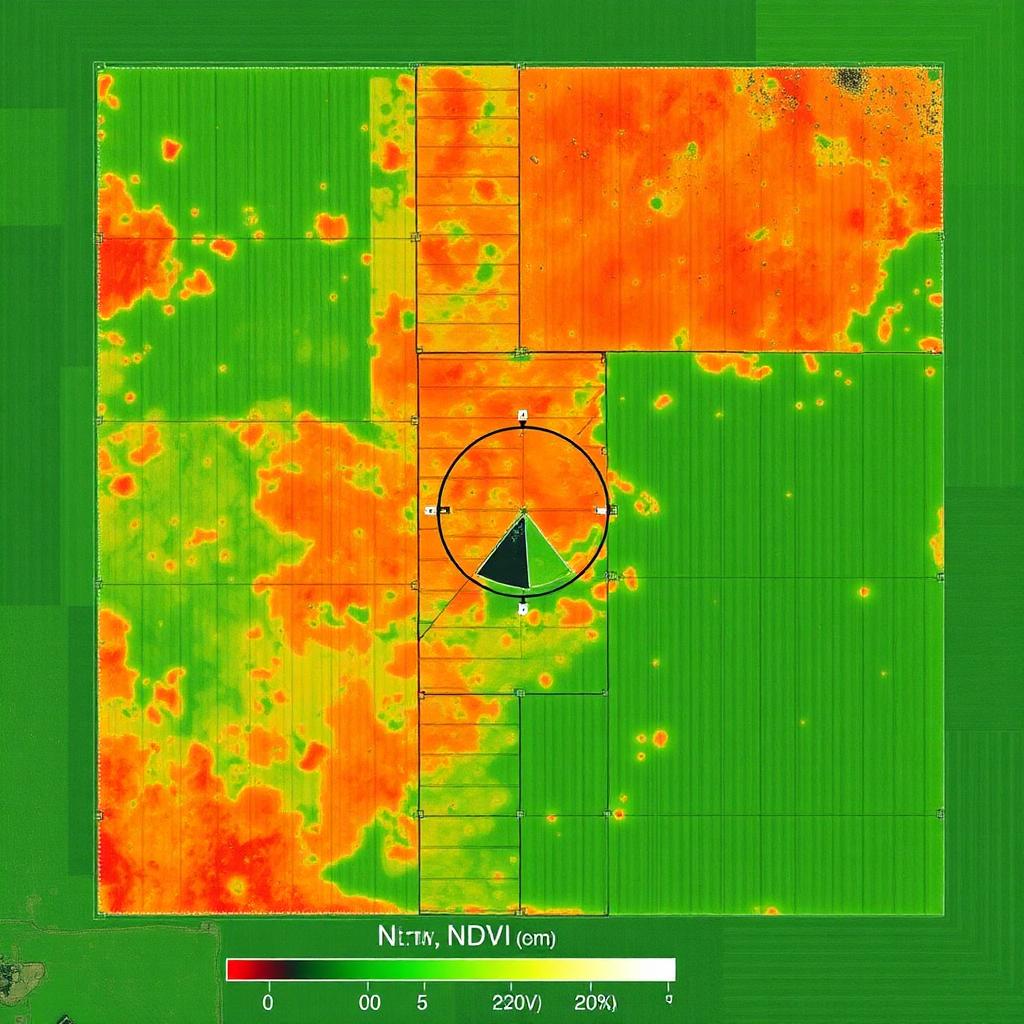 NDVI map with widespread orange-stressed crops and an irrigation pivot wedge missing