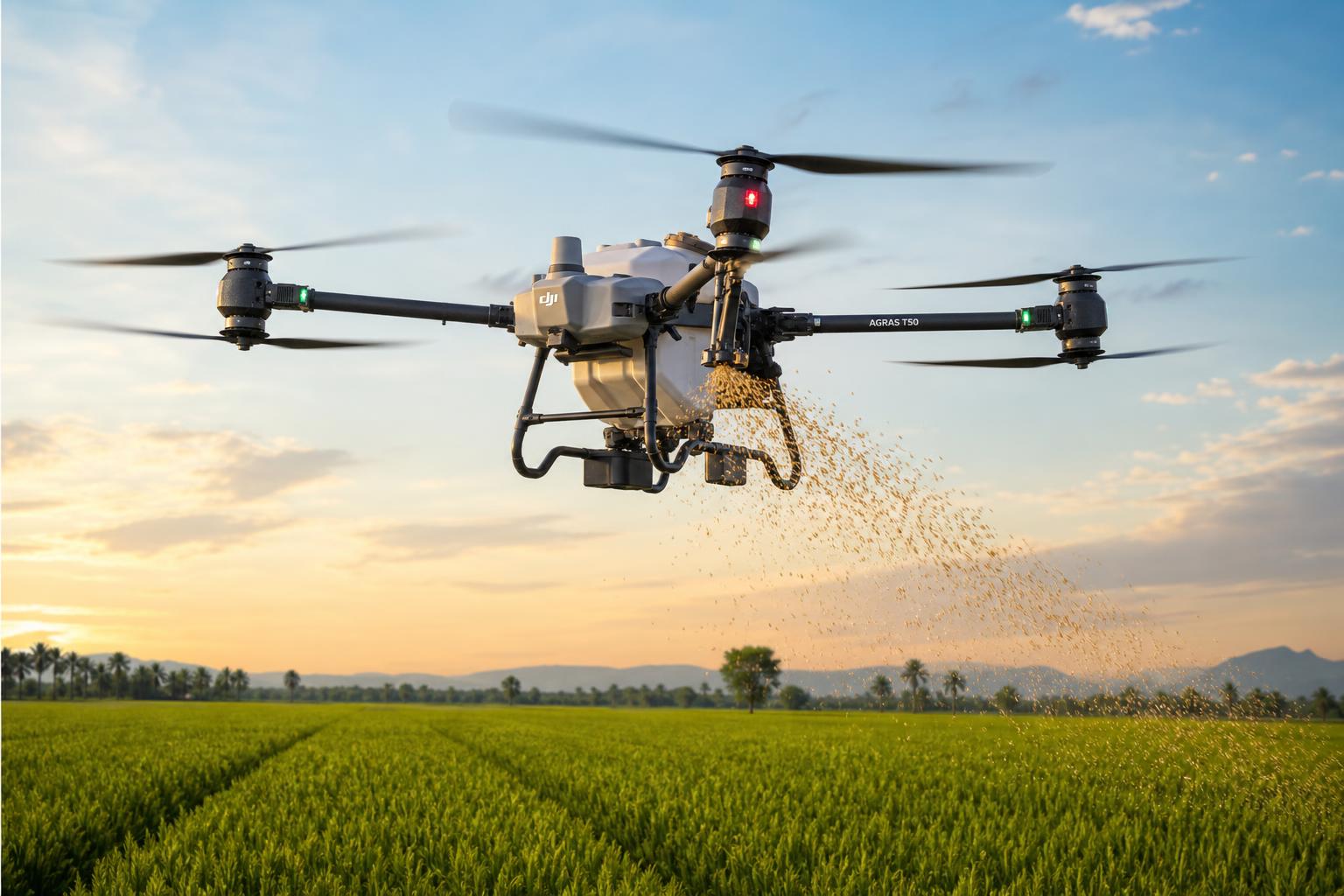 DJI Agras T50 ag drone spreading cover crop seed and dry fertilizer over a farm field